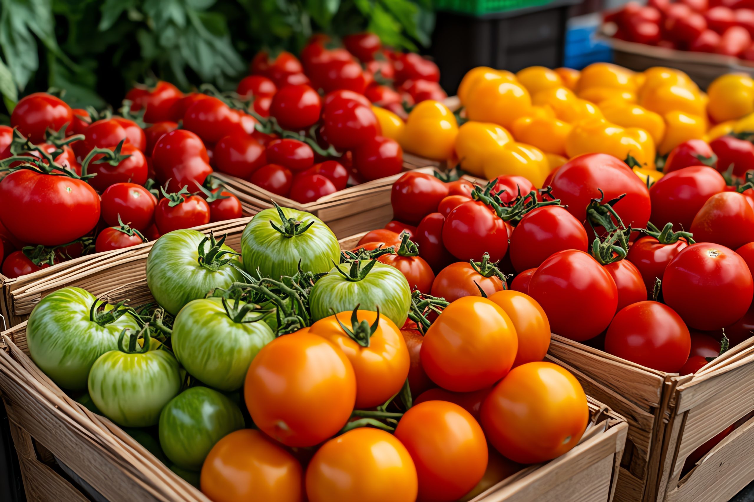Tomato Heirloom, Cherry, and Varieties visualized in a vibrant scene at a farmers' market, where different tomato varieties are displayed in baskets, each with unique colors and shapes